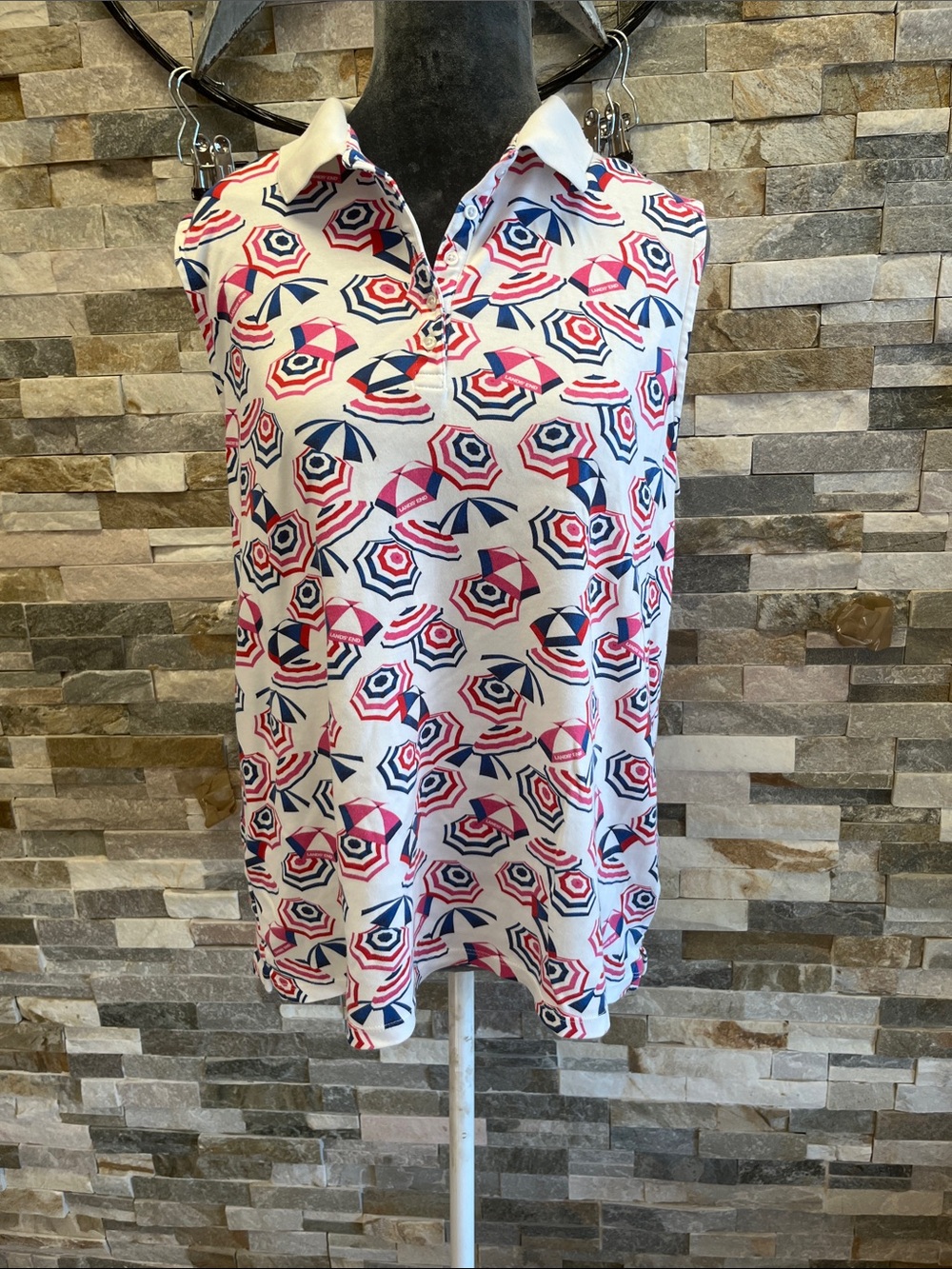 Lands' End White Tee with Red & Navy Geometric Accents